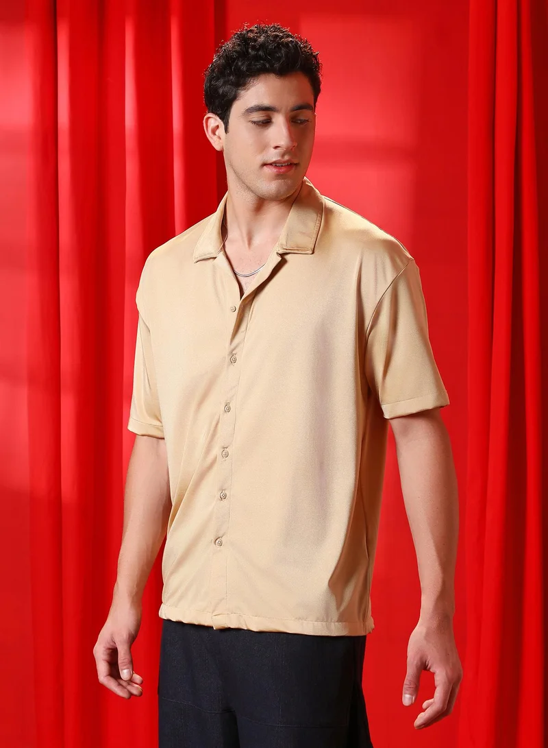 Campus Sutra Men's Buff Beige Satin Oversized Shirt
