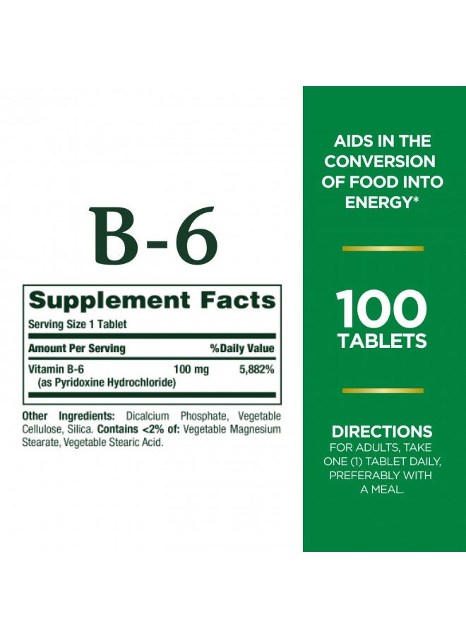 Nature's Bounty Vitamin B6, Supports Energy Metabolism and Nervous System Health, 100mg, Tablets, 100 Ct