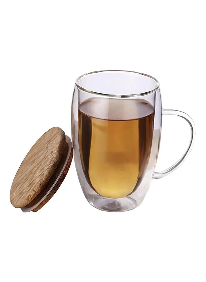 1Chase Double Wall Glass Coffee Mugs With Handle And Bamboo Lid 350ml