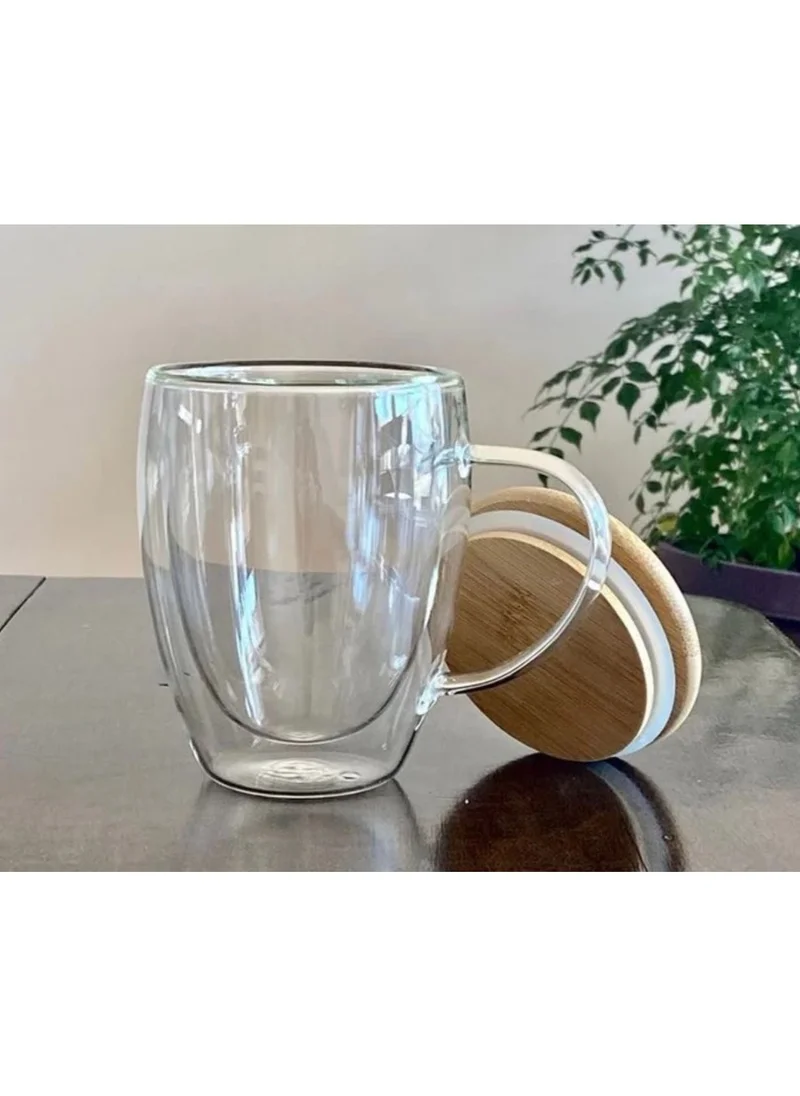 1Chase Double Wall Glass Coffee Mugs With Handle And Bamboo Lid 350ml