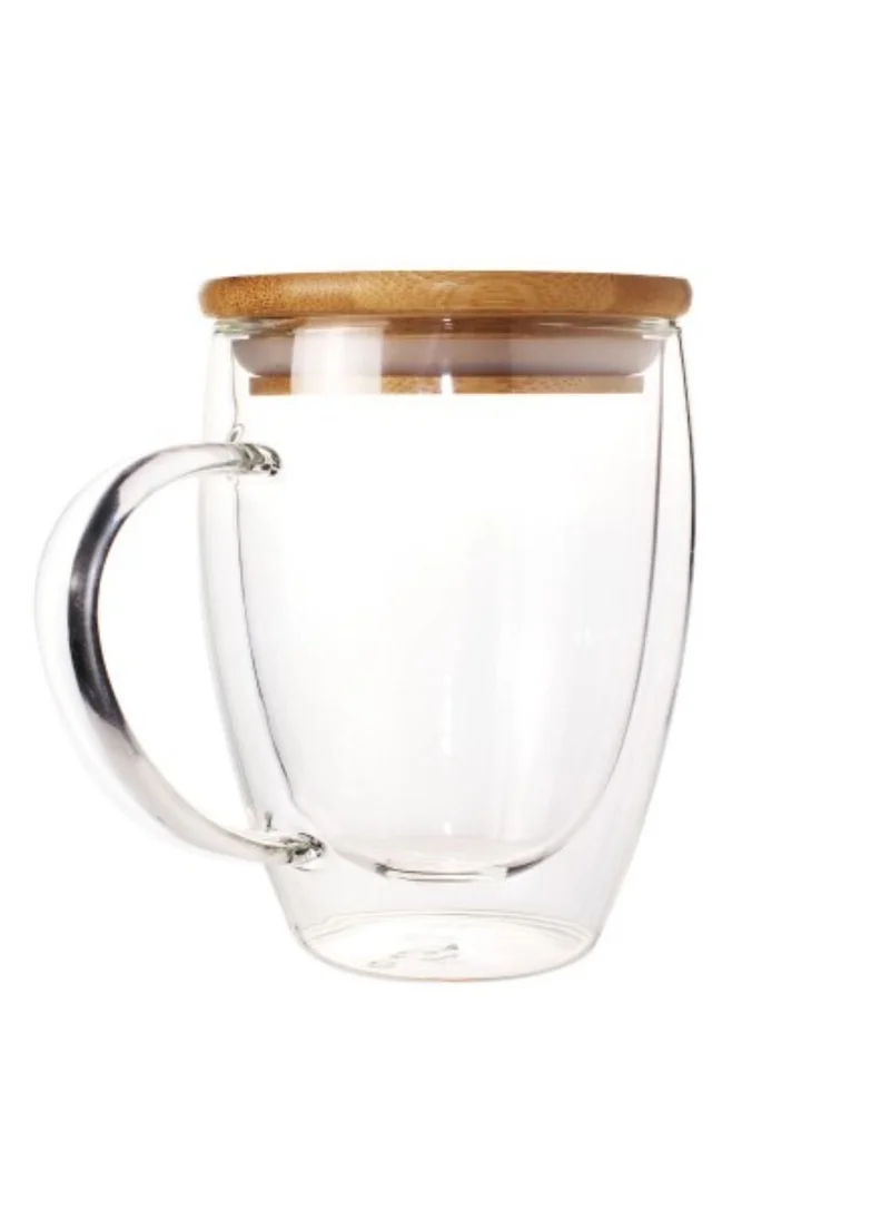 1Chase Double Wall Glass Coffee Mugs With Handle And Bamboo Lid 350ml