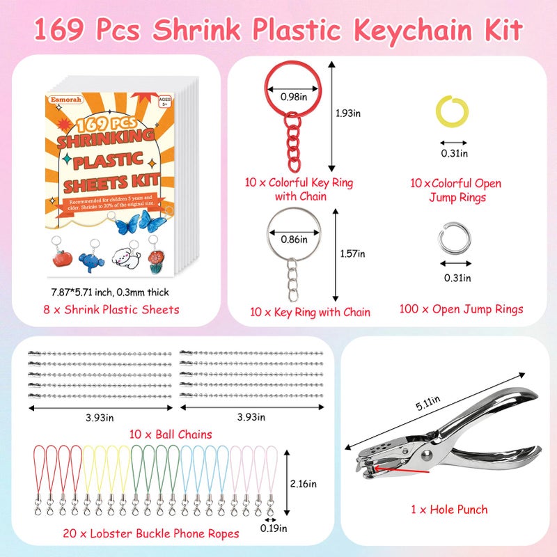 Esmorah 169PCS Shrink Dink Sheets Keychain Kit, with 8 Sheets 7.9"x5.7" Shrink Art Paper, Colorful Key Rings & Jump Rings, Ball Chains, Hole Punch â€“ Ideal for Kids & Adults DIY Crafts Easter Ornaments & Gift - Image 2