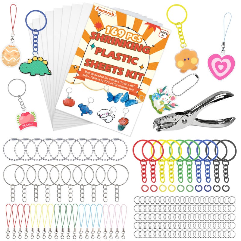 Esmorah 169PCS Shrink Dink Sheets Keychain Kit, with 8 Sheets 7.9"x5.7" Shrink Art Paper, Colorful Key Rings & Jump Rings, Ball Chains, Hole Punch â€“ Ideal for Kids & Adults DIY Crafts Easter Ornaments & Gift - Image 1