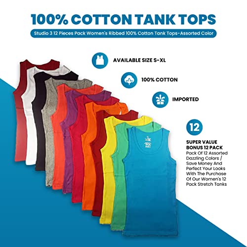 Studio 3 12 Pieces Pack Women's Ribbed 100% Cotton Tank Tops-Assorted Color, Muscle Tank Top, Small - Image 2