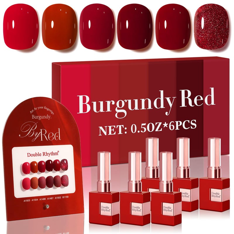 Double Rhythm 6 Pcs 15 ML Gel Polish Set Same Color Same Bottle Soak Off Gel Polish Kit Nail Art Manicure Salon DIY at Home for Women Glitter Burgundy Dark Cherry Red MaroonT67