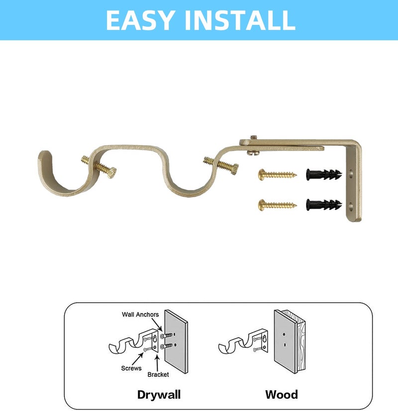 Kowibcl Heavy Duty Curtain Rod Brackets, Fits up to 1 inch Rods, Adjustable Double Curtain Rod Holders, Set of 6, Gold - Image 4