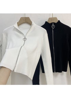 Stylish Knit Zip Cardigan, Petite Womens Autumn Outerwear White love-thick core-spun yarn picture