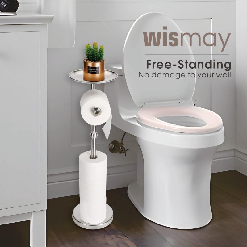Wismay Standing Toilet Paper Holder with Phone Shelf  Holds 5 Rolls  Free Standing TP Roll Holder for Bathroom  Practical Shelf on Top for Phone  Wet Wipes  Potted Plant (Brushed Nickel) - Image 1