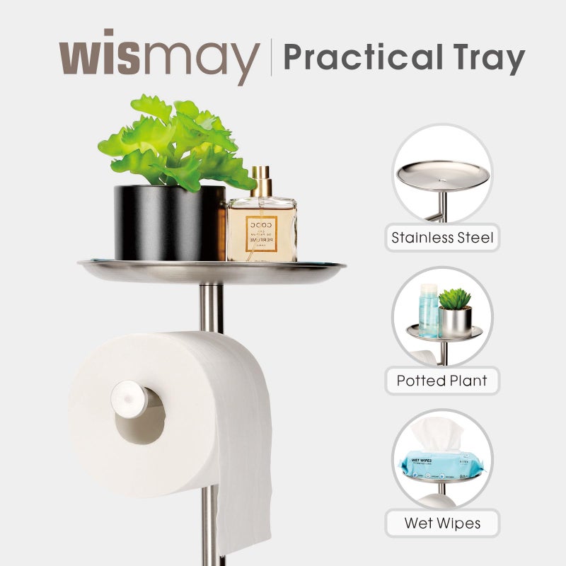 Wismay Standing Toilet Paper Holder with Phone Shelf  Holds 5 Rolls  Free Standing TP Roll Holder for Bathroom  Practical Shelf on Top for Phone  Wet Wipes  Potted Plant (Brushed Nickel) - Image 3