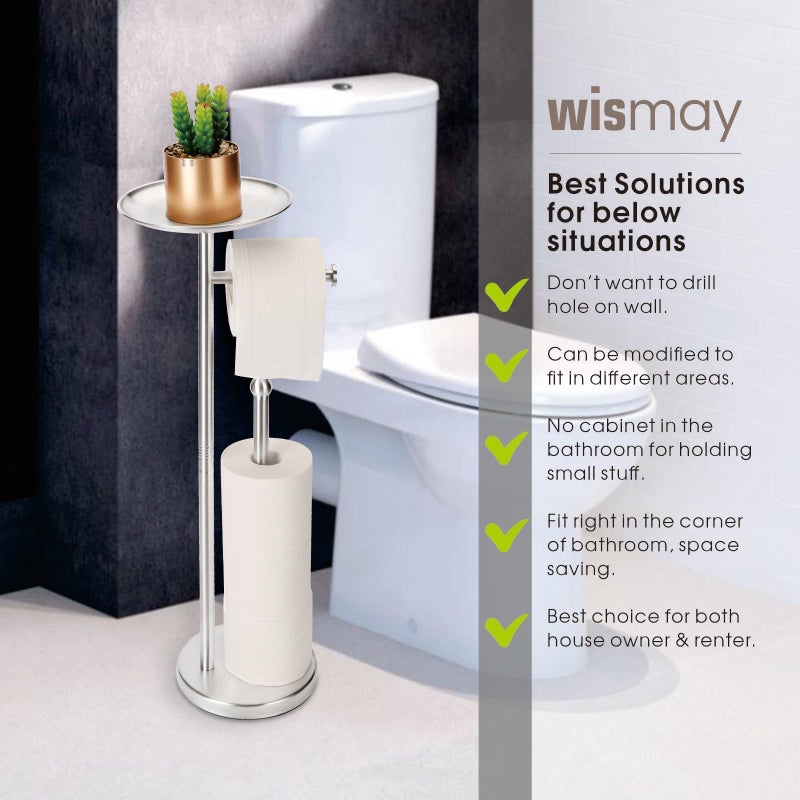 Wismay Standing Toilet Paper Holder with Phone Shelf  Holds 5 Rolls  Free Standing TP Roll Holder for Bathroom  Practical Shelf on Top for Phone  Wet Wipes  Potted Plant (Brushed Nickel) - Image 2