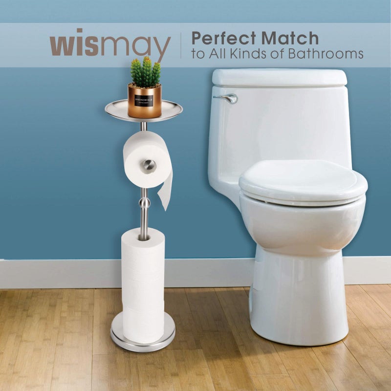 Wismay Standing Toilet Paper Holder with Phone Shelf  Holds 5 Rolls  Free Standing TP Roll Holder for Bathroom  Practical Shelf on Top for Phone  Wet Wipes  Potted Plant (Brushed Nickel) - Image 4