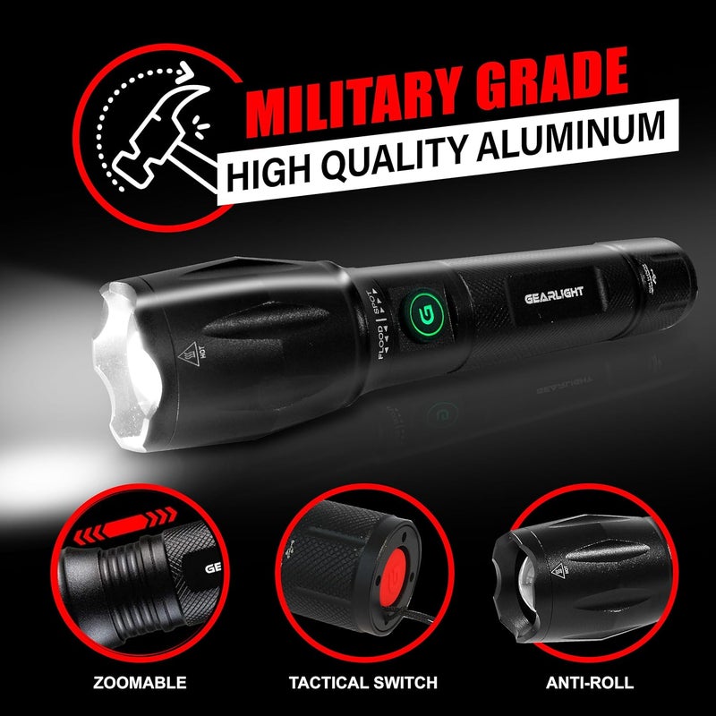 GearLight S1000 LED Tactical Flashlight - High Lumens, USB-C Fast Charging, Dual-Button, IPX4 Water-Resistant, Pocket-Sized for Camping & Emergencies with Batteries - 2 Pack, (Rechargeable) - Image 3