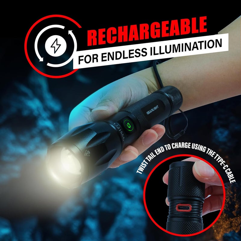 GearLight S1000 LED Tactical Flashlight - High Lumens, USB-C Fast Charging, Dual-Button, IPX4 Water-Resistant, Pocket-Sized for Camping & Emergencies with Batteries - 2 Pack, (Rechargeable) - Image 4