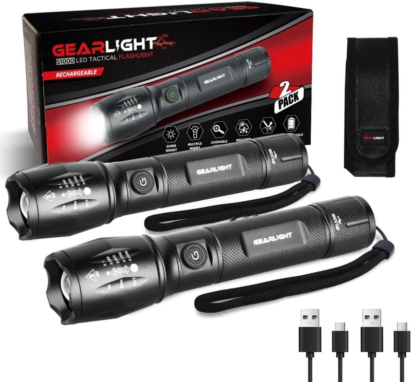 GearLight S1000 LED Tactical Flashlight - High Lumens, USB-C Fast Charging, Dual-Button, IPX4 Water-Resistant, Pocket-Sized for Camping & Emergencies with Batteries - 2 Pack, (Rechargeable) - Image 1