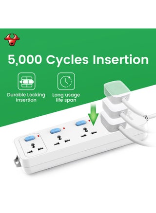 WHITE，3 Socket 3 Switch 5M Wire