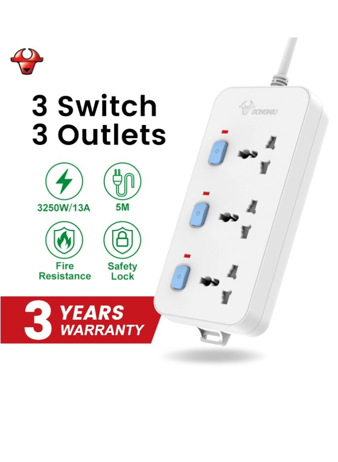 GONEO 3 Outlet Extension Cord with 3 Individual Switches, Universal Power Strip, 13A 3250W, Safety Lock, Fire Resistant Body, Hanging Holes, Home Office Use - Image 1