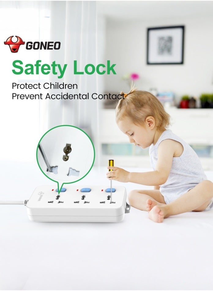 GONEO 3 Outlet Extension Cord with 3 Individual Switches, Universal Power Strip, 13A 3250W, Safety Lock, Fire Resistant Body, Hanging Holes, Home Office Use - Image 3