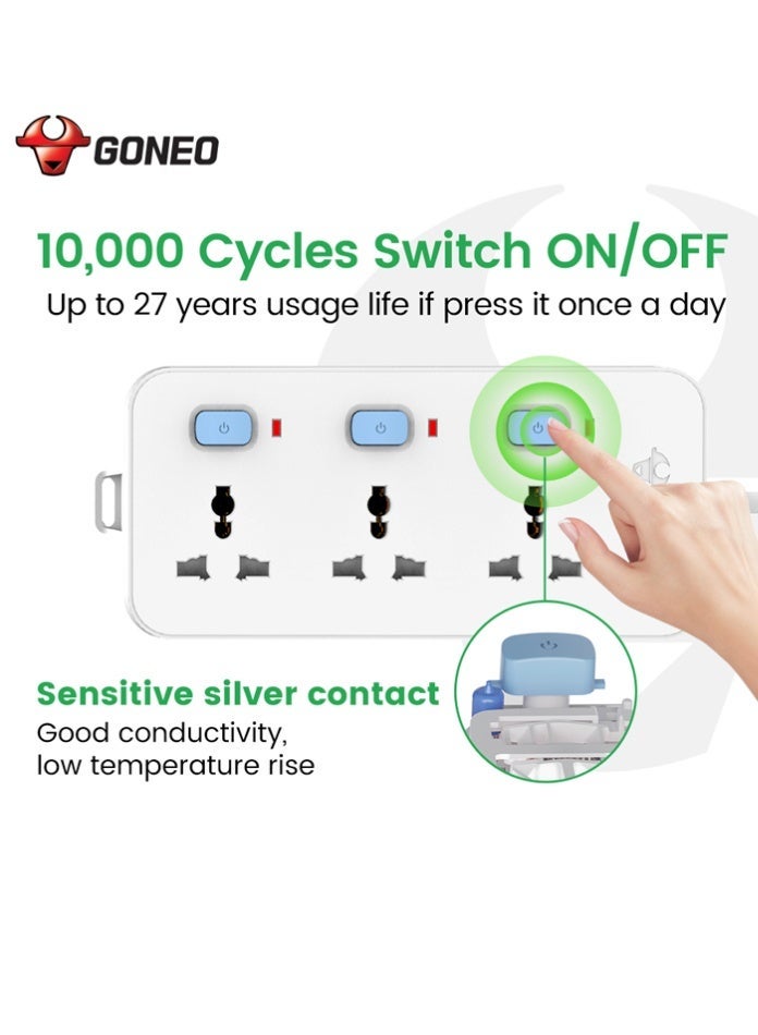 GONEO 3 Outlet Extension Cord with 3 Individual Switches, Universal Power Strip, 13A 3250W, Safety Lock, Fire Resistant Body, Hanging Holes, Home Office Use - Image 4