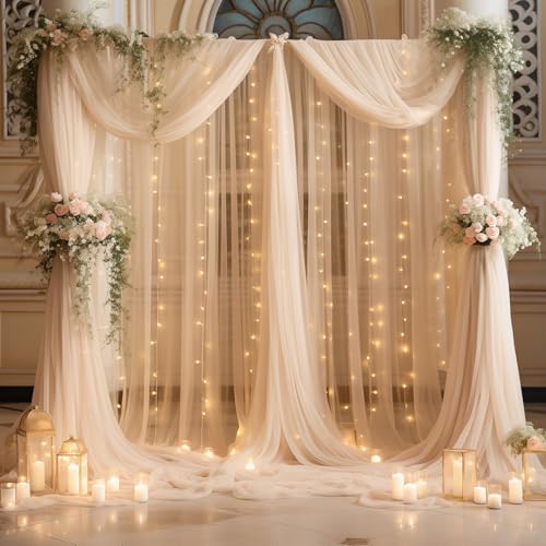 Shillance 10ft x 10ft Champagne Backdrop Curtain with Lights String for Parties, Sheer Wedding Photo Backdrops Drapes for Baby Shower Birthday Party Decorations Background for Photography - Image 1
