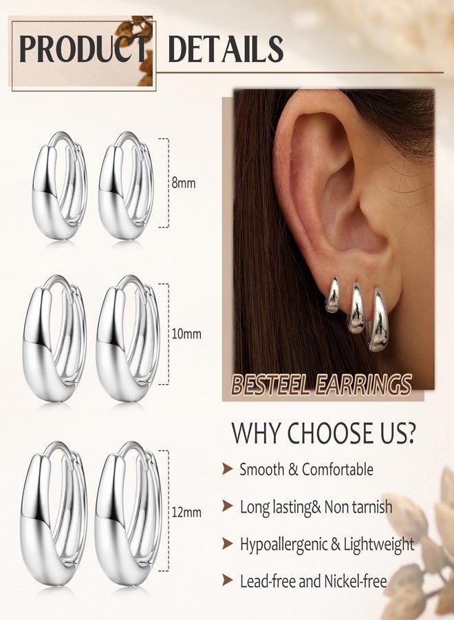 BESTEEL 3Pairs 14K Gold Plated Hoop Earrings Set for Women Chunky Earring Silver Plated Hypoallergenic Small Huggie Hoops Lightweight Tiny Thick Trendy Hoop Earrings Stacks for Multiple Piercing, 7mm - Image 4