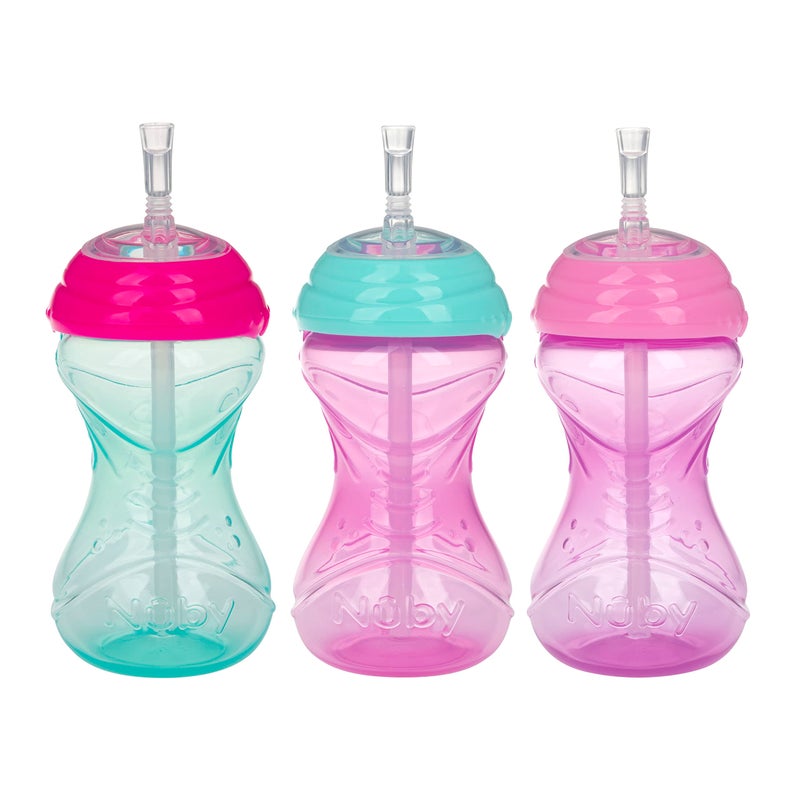 Nuby 3 Piece No-Spill Easy Grip Cup with Flex Straw, Clik It Lock Feature, Girl, 10 Ounce - Image 1