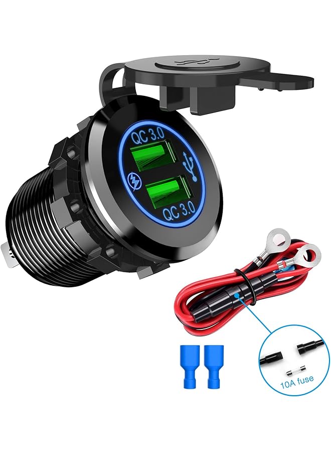 PROMASS promass - 90103A Dual Usb Port Qc 3.0 Fast Charging Hubs Charger Socket Power Outlet 2.1A & X2 For Car Boat Marine Rv Mobile With Wire Fuse Diy Kit Lightly Blue Led, 2 Years Warranty 