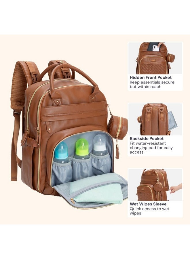 BabbleRoo Leather Diaper Bag Backpack - Baby Essentials Travel Baby Bag, Multi function, Waterproof, with Changing Pad, Stroller Straps & Pacifier Case - Unisex, Natural Brown - Image 5