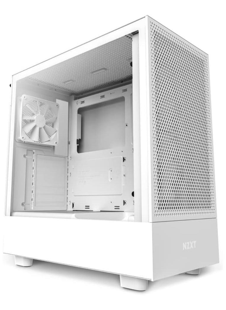 NZXT - حقيبة ألعاب NZXT CC-H51FW-01 H5 Flow Compact ATX Mid-Tower للكمبيوتر الشخصي، لوحة أمامية مثقوبة لتدفق الهواء العالي، لوحة جانبية من الزجاج المقسى، إدارة الكابلات، مراوح 2 × 120 مم، دعم مشعاع 280 مم أبيض - Image 1