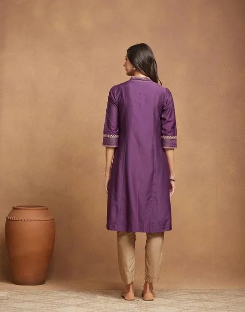 Fabindia Purple Cotton Silk Embroidered Long Kurta
