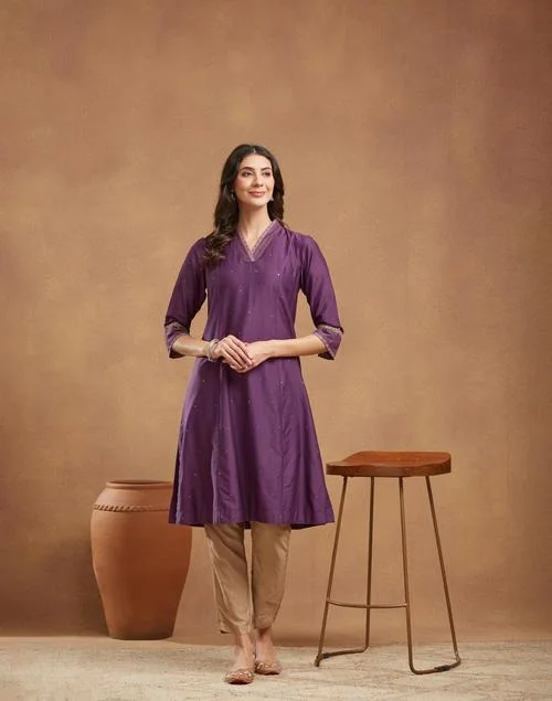 Fabindia Purple Cotton Silk Embroidered Long Kurta