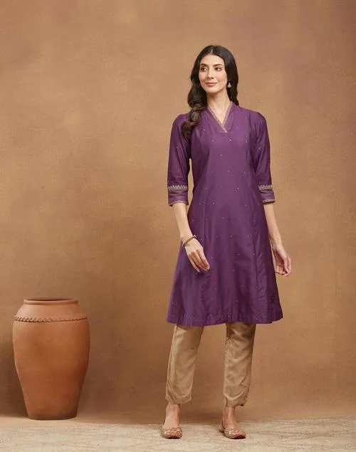 Fabindia Purple Cotton Silk Embroidered Long Kurta