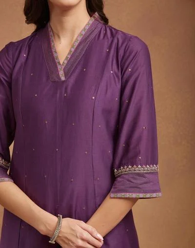 Fabindia Purple Cotton Silk Embroidered Long Kurta