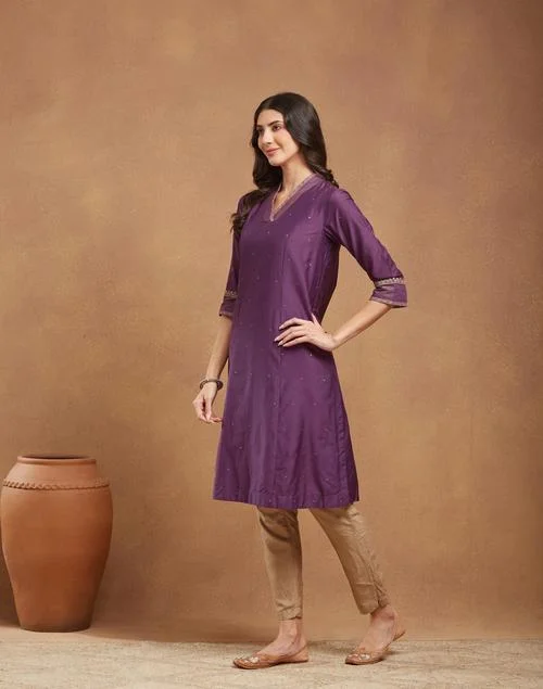 Fabindia Purple Cotton Silk Embroidered Long Kurta