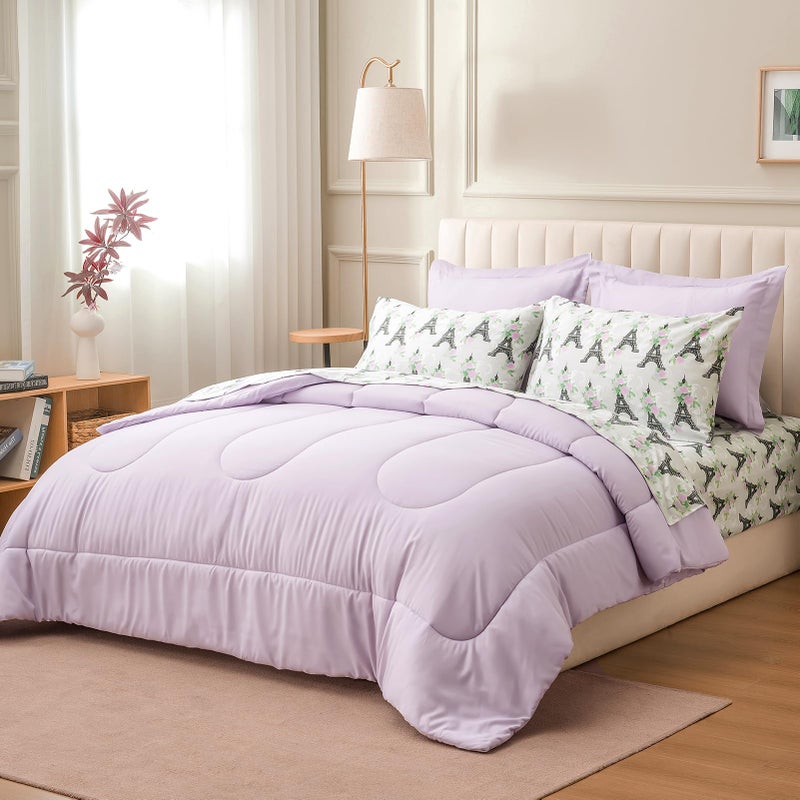 ARTALL Twin Bed in a Bag 5 Pieces, Light Purple Solid Comforter with Eiffel Tower Floral Sheet Set, French Chic Style Soft Bedding Sets with Comforter, Sheets, Pillowcase & Sham for All Seasons - Image 1