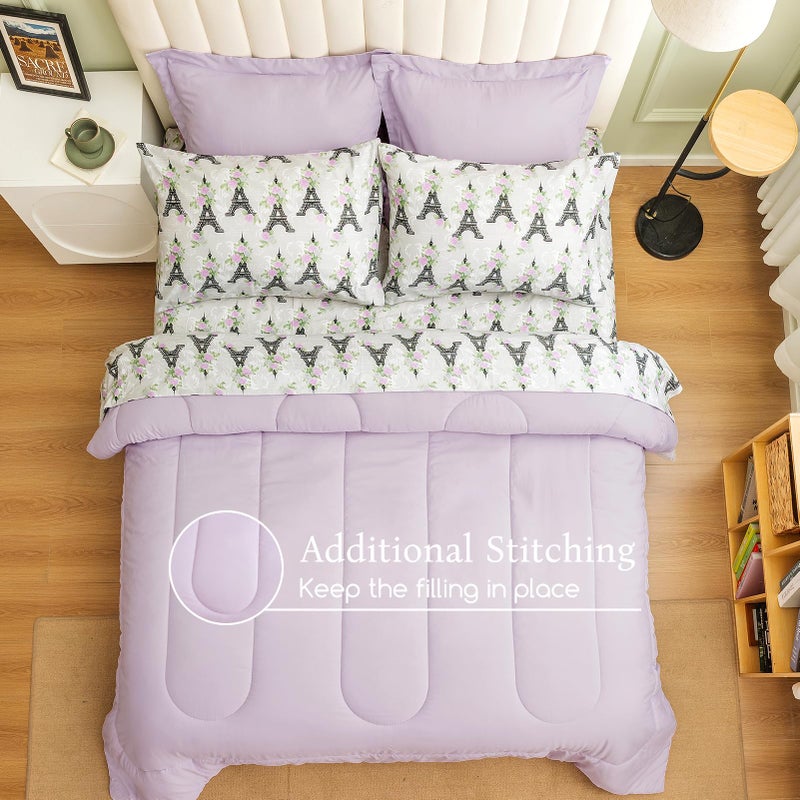 ARTALL Twin Bed in a Bag 5 Pieces, Light Purple Solid Comforter with Eiffel Tower Floral Sheet Set, French Chic Style Soft Bedding Sets with Comforter, Sheets, Pillowcase & Sham for All Seasons - Image 2