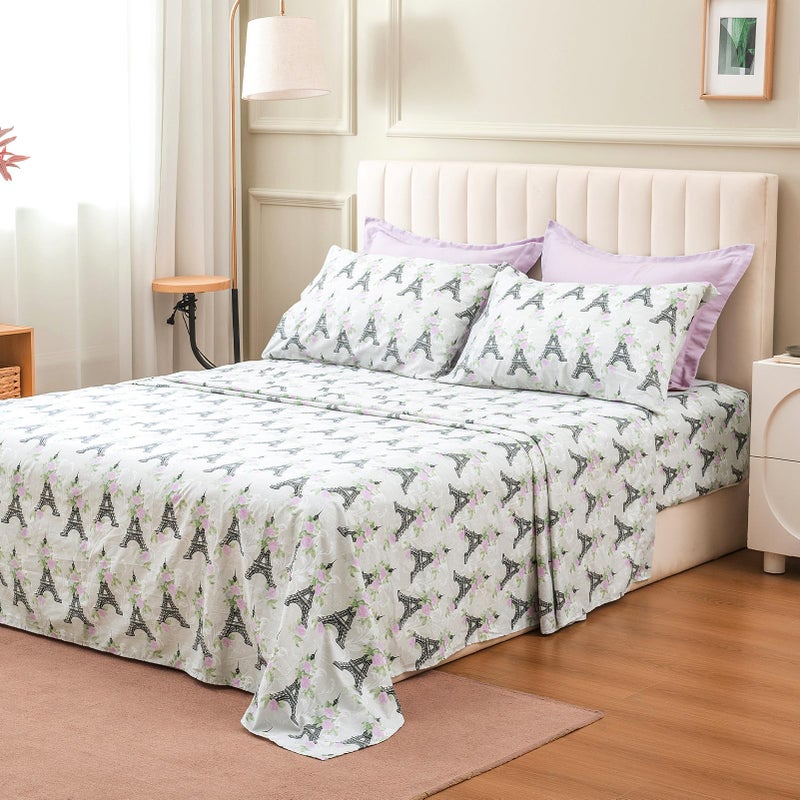 ARTALL Twin Bed in a Bag 5 Pieces, Light Purple Solid Comforter with Eiffel Tower Floral Sheet Set, French Chic Style Soft Bedding Sets with Comforter, Sheets, Pillowcase & Sham for All Seasons - Image 5
