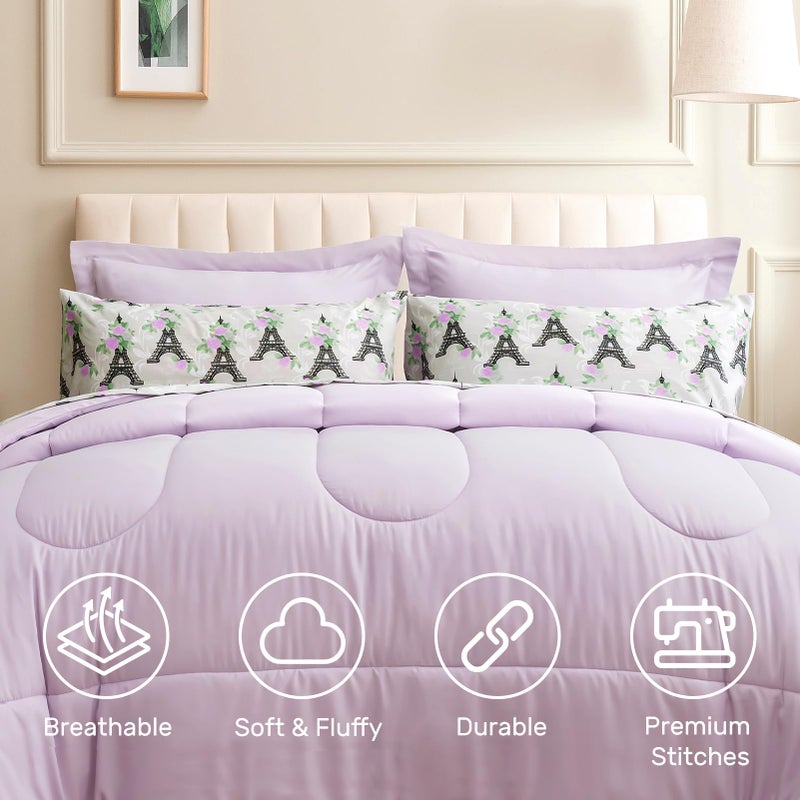 ARTALL Twin Bed in a Bag 5 Pieces, Light Purple Solid Comforter with Eiffel Tower Floral Sheet Set, French Chic Style Soft Bedding Sets with Comforter, Sheets, Pillowcase & Sham for All Seasons - Image 3