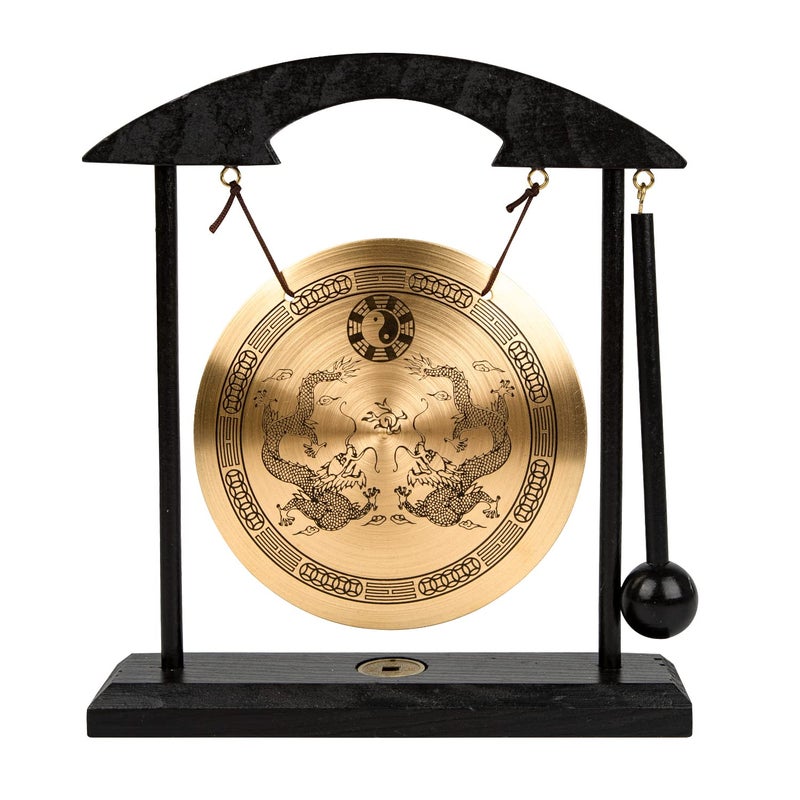 Mose Cafolo Zen Art Table Brass Gong â€“ Feng Shui Desk Gong for Home Decor Dragon with Taiji Symbols Meditation, Housewarming, and Blessing Gift