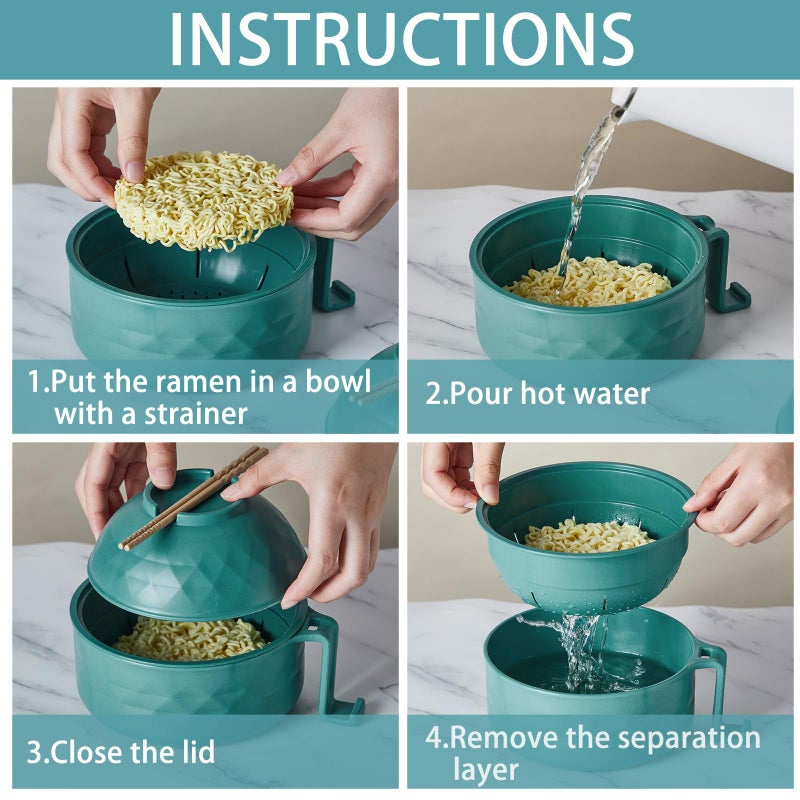 Romooa 1 Set Microwave Ramen Bowl Set 33 oz Wheat Straw Instant Ramen Cooker Set Portable Noodle Cooker with Handle Noodle Bowl with Spoon Chopsticks Fork College Dorm Room (Dark Green) - Image 5