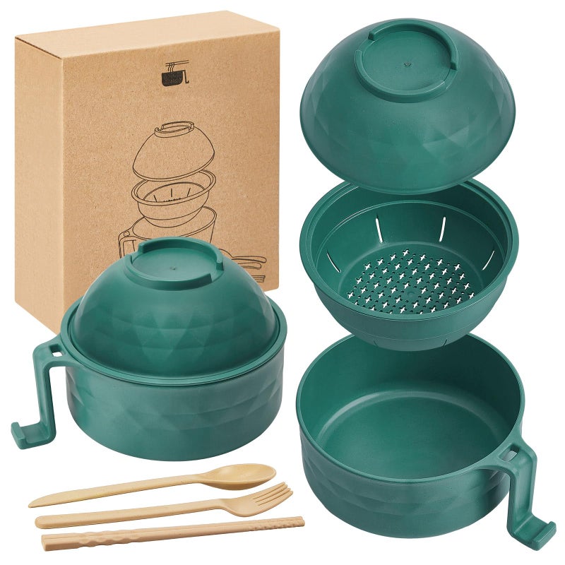 Romooa 1 Set Microwave Ramen Bowl Set 33 oz Wheat Straw Instant Ramen Cooker Set Portable Noodle Cooker with Handle Noodle Bowl with Spoon Chopsticks Fork College Dorm Room (Dark Green) - Image 1