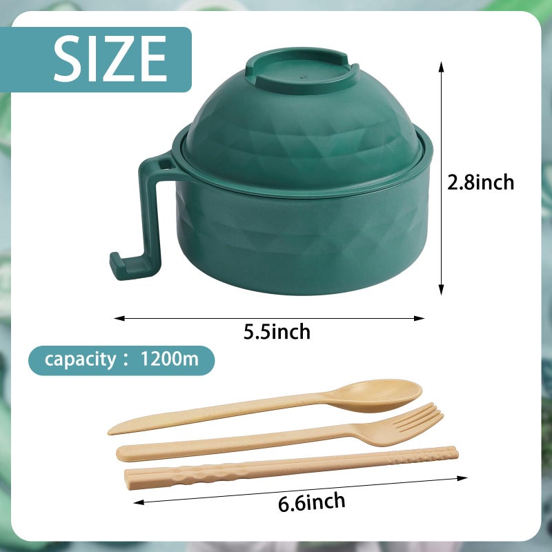 Romooa 1 Set Microwave Ramen Bowl Set 33 oz Wheat Straw Instant Ramen Cooker Set Portable Noodle Cooker with Handle Noodle Bowl with Spoon Chopsticks Fork College Dorm Room (Dark Green) - Image 2