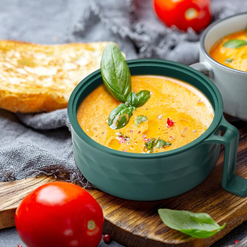 Romooa 1 Set Microwave Ramen Bowl Set 33 oz Wheat Straw Instant Ramen Cooker Set Portable Noodle Cooker with Handle Noodle Bowl with Spoon Chopsticks Fork College Dorm Room (Dark Green) - Image 3