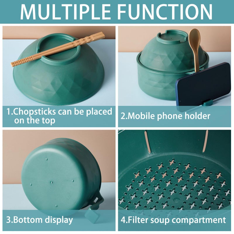 Romooa 1 Set Microwave Ramen Bowl Set 33 oz Wheat Straw Instant Ramen Cooker Set Portable Noodle Cooker with Handle Noodle Bowl with Spoon Chopsticks Fork College Dorm Room (Dark Green) - Image 4