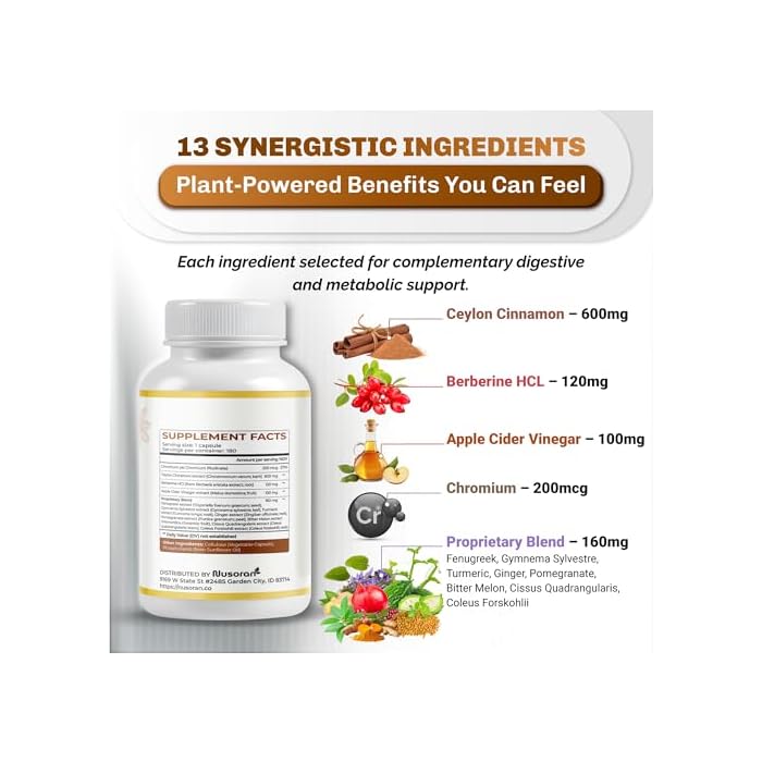 NUSORAN Ultra Ceylon Cinnamon - 13-in-1 with Berberine, Apple Cider Vinegar, Turmeric, Bitter Melon - Max Absorption - 180 Capsules - Non-GMO, Gluten-Free, Lab Tested - Image 3