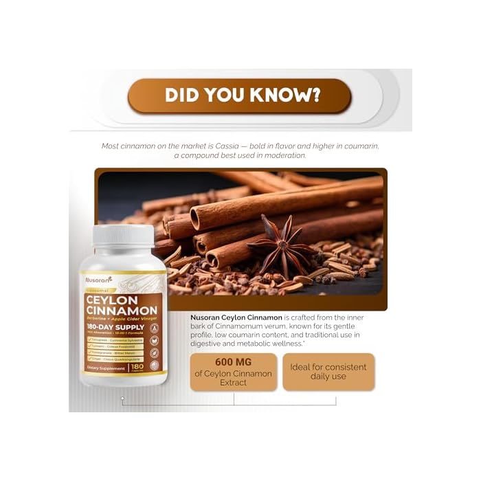 NUSORAN Ultra Ceylon Cinnamon - 13-in-1 with Berberine, Apple Cider Vinegar, Turmeric, Bitter Melon - Max Absorption - 180 Capsules - Non-GMO, Gluten-Free, Lab Tested - Image 2