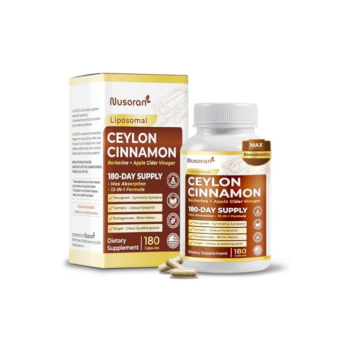 NUSORAN Ultra Ceylon Cinnamon - 13-in-1 with Berberine, Apple Cider Vinegar, Turmeric, Bitter Melon - Max Absorption - 180 Capsules - Non-GMO, Gluten-Free, Lab Tested - Image 1