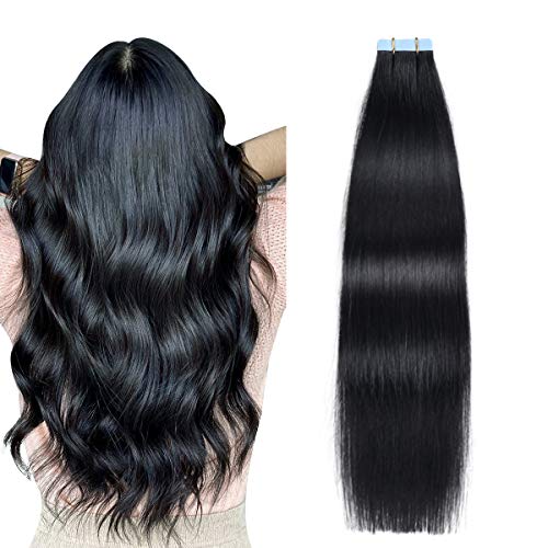 SUYYA Tape in Hair Extensions 100 Remy Human Hair 16 inches 20pcs 40gpack Straight Seamless Skin Weft Tape Hair Extensions16 inches 1 Jet Black
