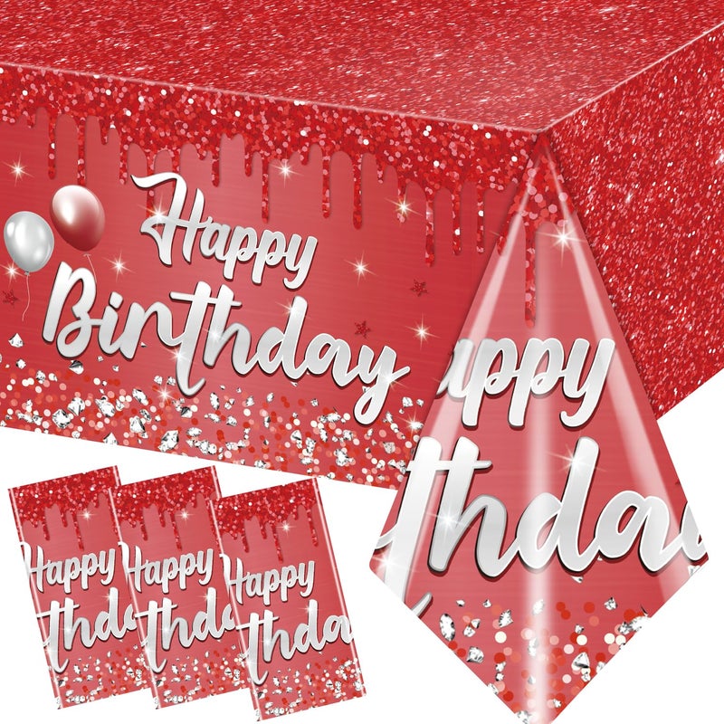 Dydamud Happy Birthday Party Decorations 3Pcs Happy Birthday Tablecloth Red and Sliver Table Cloth Plastic Table Cover for Women Men Baby Shower Party Supplies - Image 1