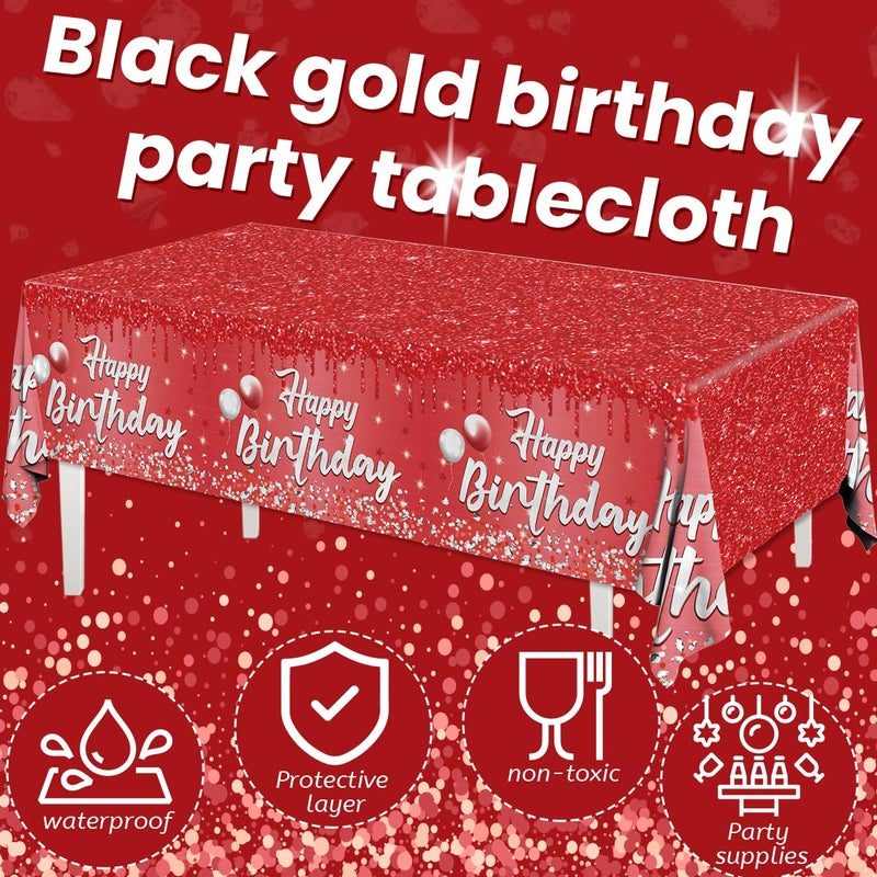 Dydamud Happy Birthday Party Decorations 3Pcs Happy Birthday Tablecloth Red and Sliver Table Cloth Plastic Table Cover for Women Men Baby Shower Party Supplies - Image 5