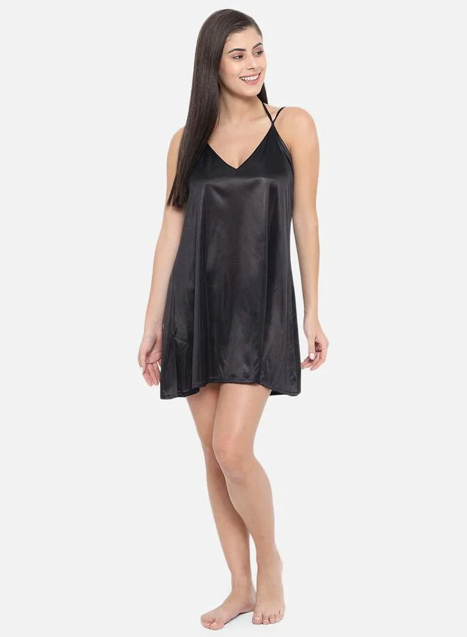 Take Two Solid V Neck Strappy Satin Babydoll By Klamotten